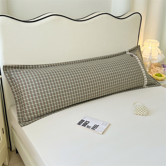 91家纺网 家纺一手货源 找家纺 梦舒羽 2025新款双层纱蕾丝花边格子枕套宿舍双人情侣1.8m枕芯套1.5米内胆套 简兮绿格