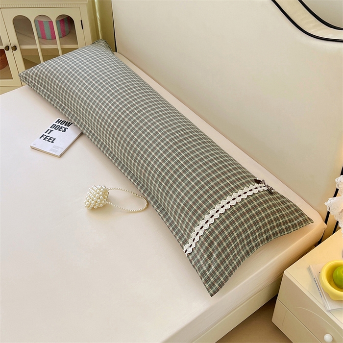 91家纺网 家纺一手货源 找家纺 梦舒羽 2025新款双层纱蕾丝花边格子枕套宿舍双人情侣1.8m枕芯套1.5米内胆套 简兮绿格