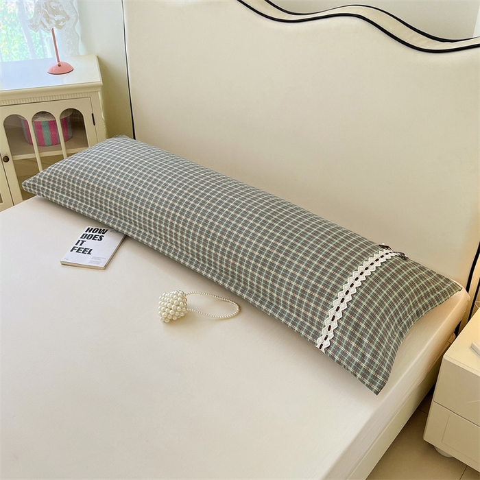 91家纺网 家纺一手货源 找家纺 梦舒羽 2025新款双层纱蕾丝花边格子枕套宿舍双人情侣1.8m枕芯套1.5米内胆套 简兮绿格