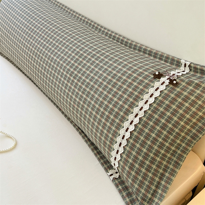 91家纺网 家纺一手货源 找家纺 梦舒羽 2025新款双层纱蕾丝花边格子枕套宿舍双人情侣1.8m枕芯套1.5米内胆套 简兮绿格