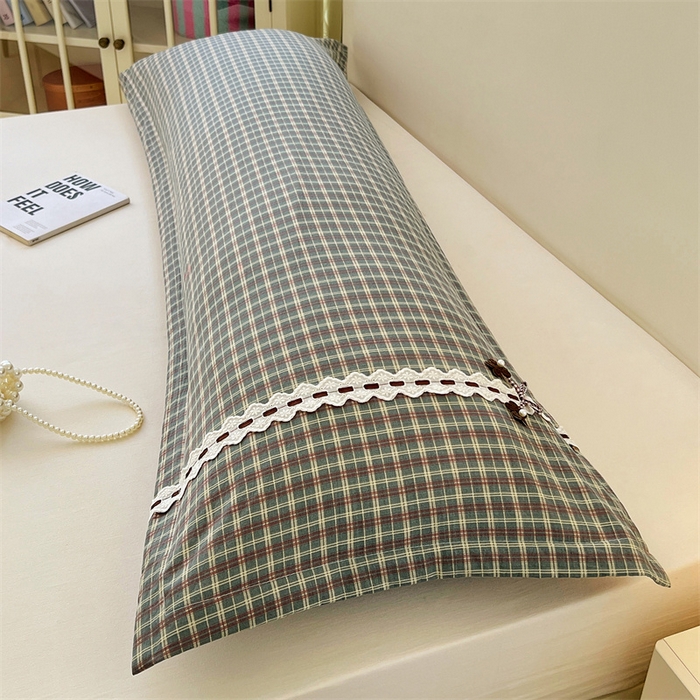 91家纺网 家纺一手货源 找家纺 梦舒羽 2025新款双层纱蕾丝花边格子枕套宿舍双人情侣1.8m枕芯套1.5米内胆套 简兮绿格