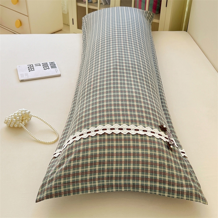 91家纺网 家纺一手货源 找家纺 梦舒羽 2025新款双层纱蕾丝花边格子枕套宿舍双人情侣1.8m枕芯套1.5米内胆套 简兮绿格