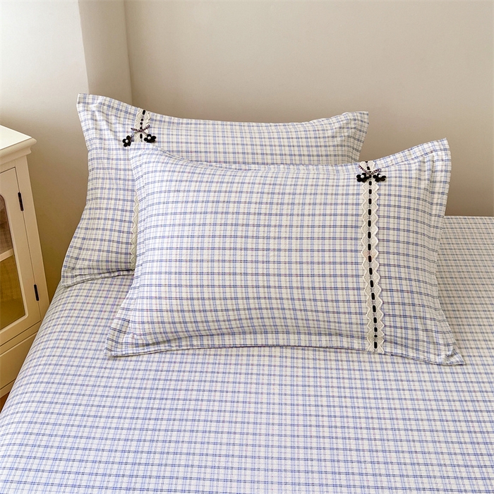 91家纺网 家纺一手货源 找家纺 梦舒羽 2025新款双层纱蕾丝花边格子枕套宿舍单人枕芯套内胆套一对装 天空蓝格