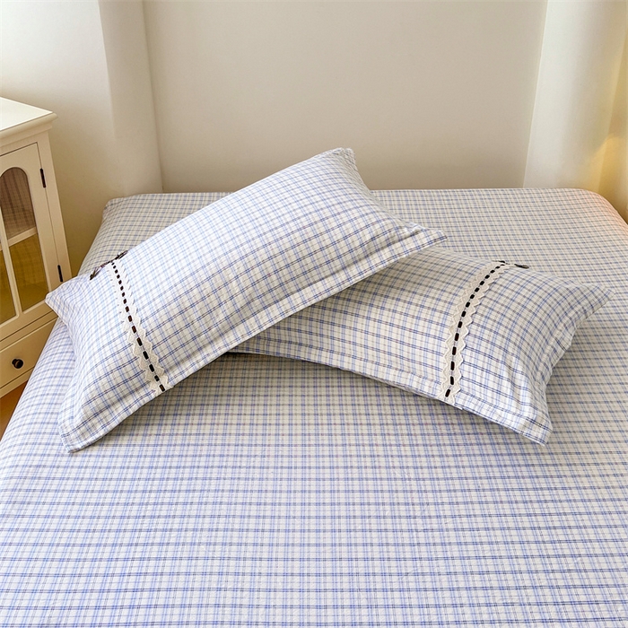 91家纺网 家纺一手货源 找家纺 梦舒羽 2025新款双层纱蕾丝花边格子枕套宿舍单人枕芯套内胆套一对装 天空蓝格