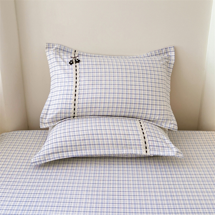 91家纺网 家纺一手货源 找家纺 梦舒羽 2025新款双层纱蕾丝花边格子枕套宿舍单人枕芯套内胆套一对装 天空蓝格
