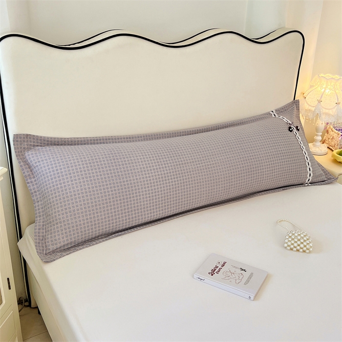 91家纺网 家纺一手货源 找家纺 梦舒羽 2025新款双层纱蕾丝花边格子枕套宿舍双人情侣1.8m枕芯套1.5米内胆套 明古灰格