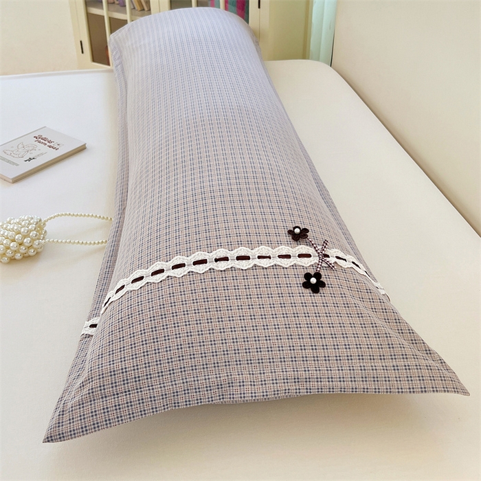 91家纺网 家纺一手货源 找家纺 梦舒羽 2025新款双层纱蕾丝花边格子枕套宿舍双人情侣1.8m枕芯套1.5米内胆套 明古灰格