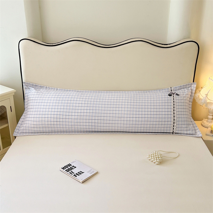 91家纺网 家纺一手货源 找家纺 梦舒羽 2025新款双层纱蕾丝花边格子枕套宿舍双人情侣1.8m枕芯套1.5米内胆套 天空蓝格