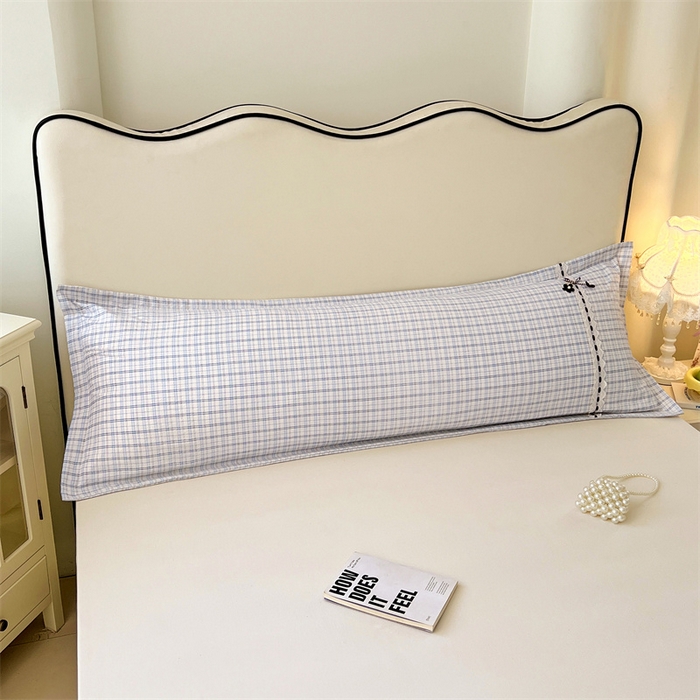 91家纺网 家纺一手货源 找家纺 梦舒羽 2025新款双层纱蕾丝花边格子枕套宿舍双人情侣1.8m枕芯套1.5米内胆套 天空蓝格