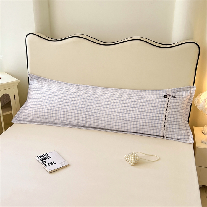 91家纺网 家纺一手货源 找家纺 梦舒羽 2025新款双层纱蕾丝花边格子枕套宿舍双人情侣1.8m枕芯套1.5米内胆套 天空蓝格