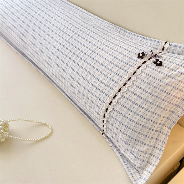 91家纺网 家纺一手货源 找家纺 梦舒羽 2025新款双层纱蕾丝花边格子枕套宿舍双人情侣1.8m枕芯套1.5米内胆套 天空蓝格