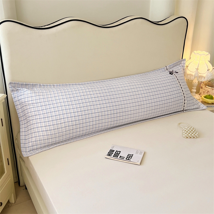 91家纺网 家纺一手货源 找家纺 梦舒羽 2025新款双层纱蕾丝花边格子枕套宿舍双人情侣1.8m枕芯套1.5米内胆套 天空蓝格