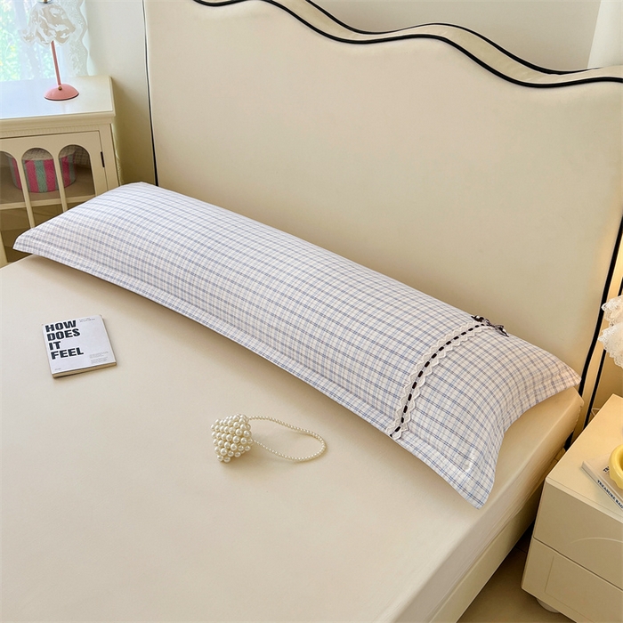 91家纺网 家纺一手货源 找家纺 梦舒羽 2025新款双层纱蕾丝花边格子枕套宿舍双人情侣1.8m枕芯套1.5米内胆套 天空蓝格