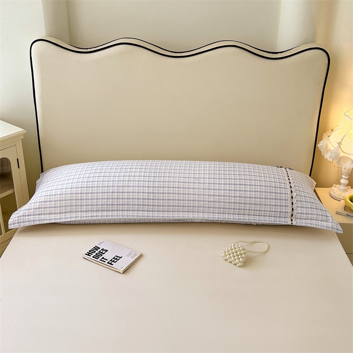 91家纺网 家纺一手货源 找家纺 梦舒羽 2025新款双层纱蕾丝花边格子枕套宿舍双人情侣1.8m枕芯套1.5米内胆套 天空蓝格