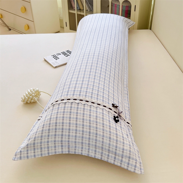 91家纺网 家纺一手货源 找家纺 梦舒羽 2025新款双层纱蕾丝花边格子枕套宿舍双人情侣1.8m枕芯套1.5米内胆套 天空蓝格