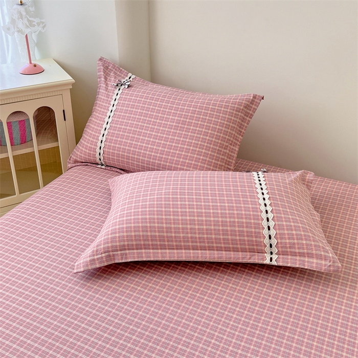 （总）梦舒羽 2025新款双层纱蕾丝花边格子枕套宿舍单人枕芯套内胆套一对装