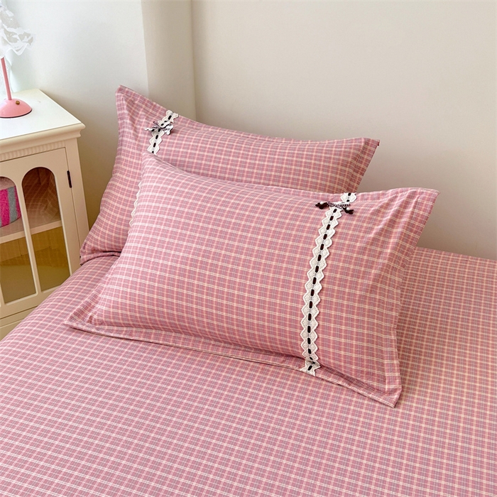 91家纺网 家纺一手货源 找家纺 （总）梦舒羽 2025新款双层纱蕾丝花边格子枕套宿舍单人枕芯套内胆套一对装