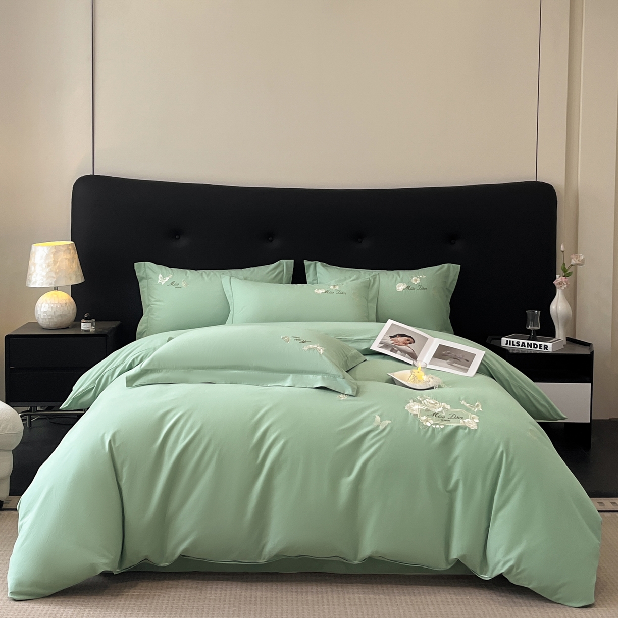 91家纺网 家纺一手货源 找家纺 禾时2025新款全棉磨毛刺绣四件套-香榭丽 冰川绿