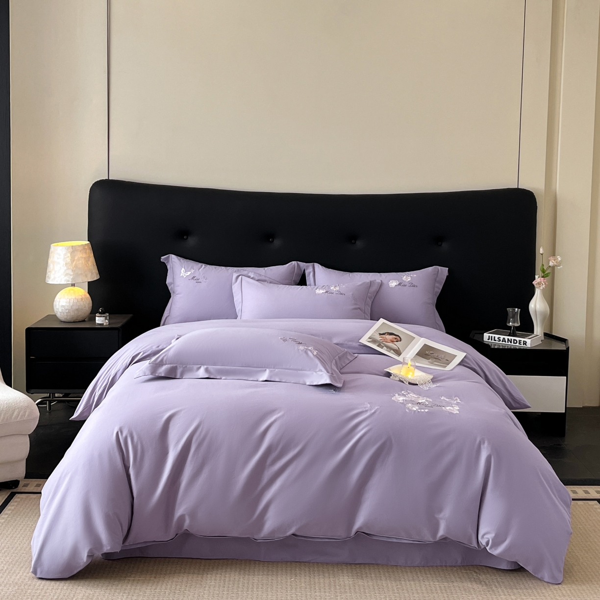 91家纺网 家纺一手货源 找家纺 禾时2025新款全棉磨毛刺绣四件套-香榭丽 雪青