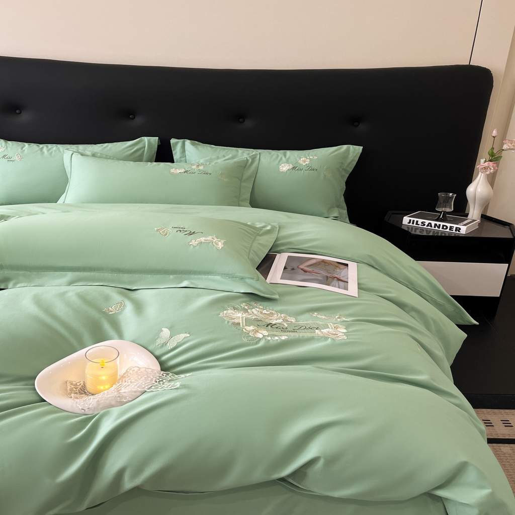 91家纺网 家纺一手货源 找家纺 禾时2025新款全棉磨毛刺绣四件套-香榭丽 冰川绿