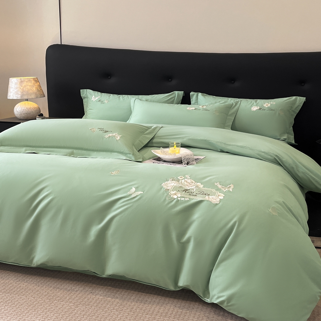 91家纺网 家纺一手货源 找家纺 禾时2025新款全棉磨毛刺绣四件套-香榭丽 冰川绿