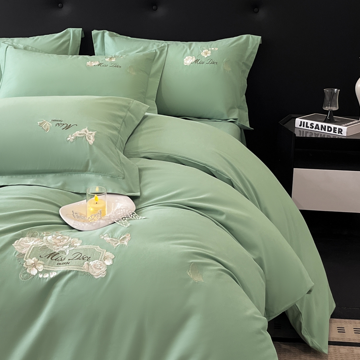 91家纺网 家纺一手货源 找家纺 禾时2025新款全棉磨毛刺绣四件套-香榭丽 冰川绿