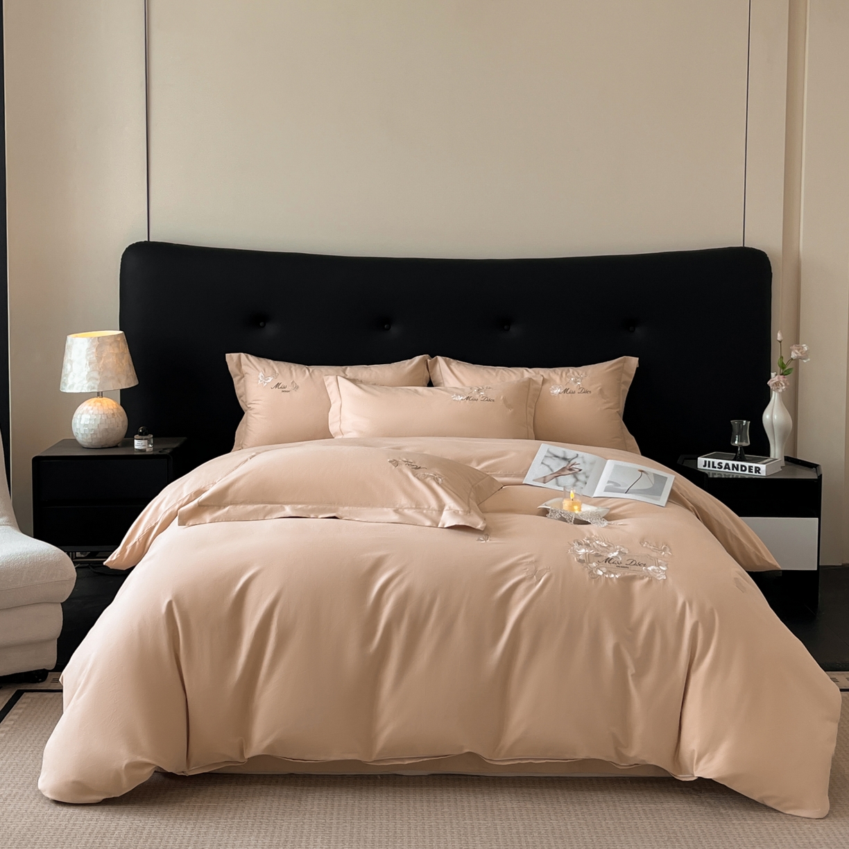 禾时2025新款全棉磨毛刺绣四件套-香榭丽 藕荷色