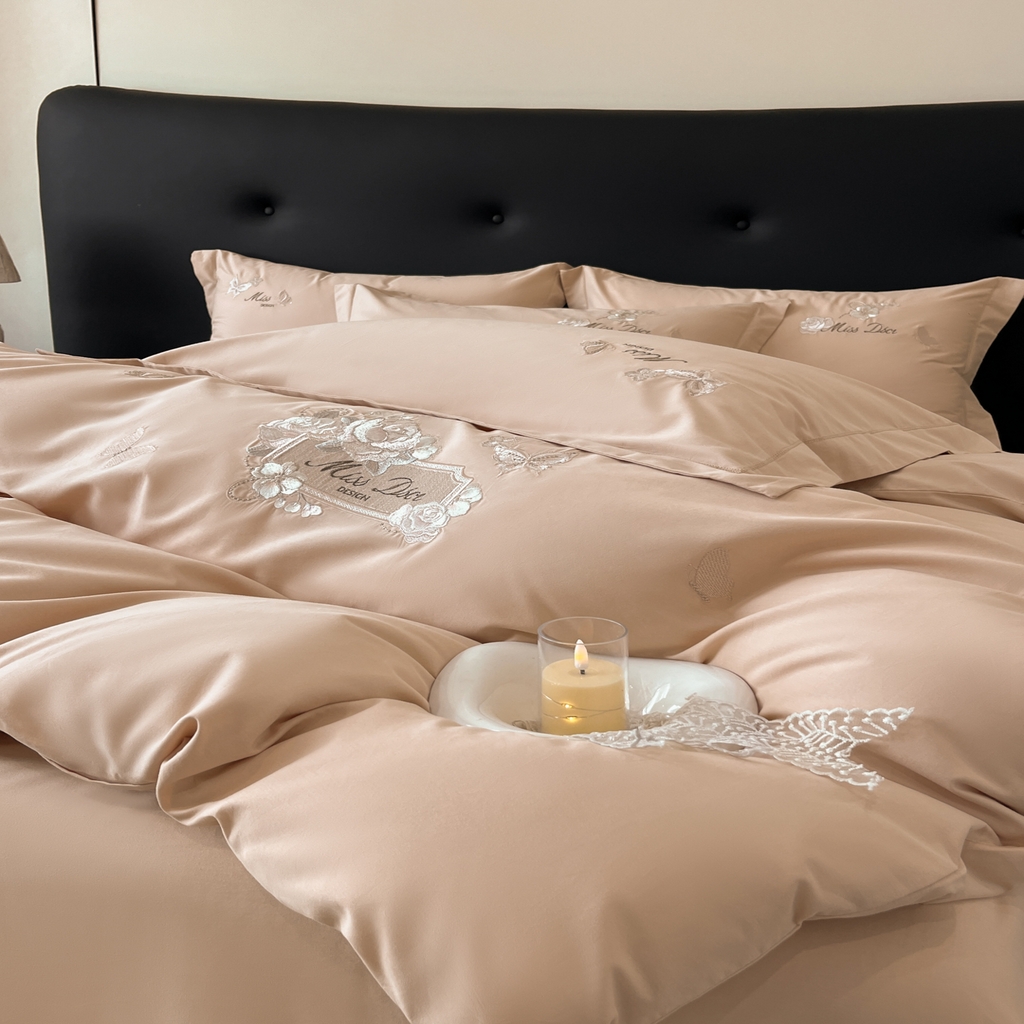 91家纺网 家纺一手货源 找家纺 禾时2025新款全棉磨毛刺绣四件套-香榭丽 藕荷色