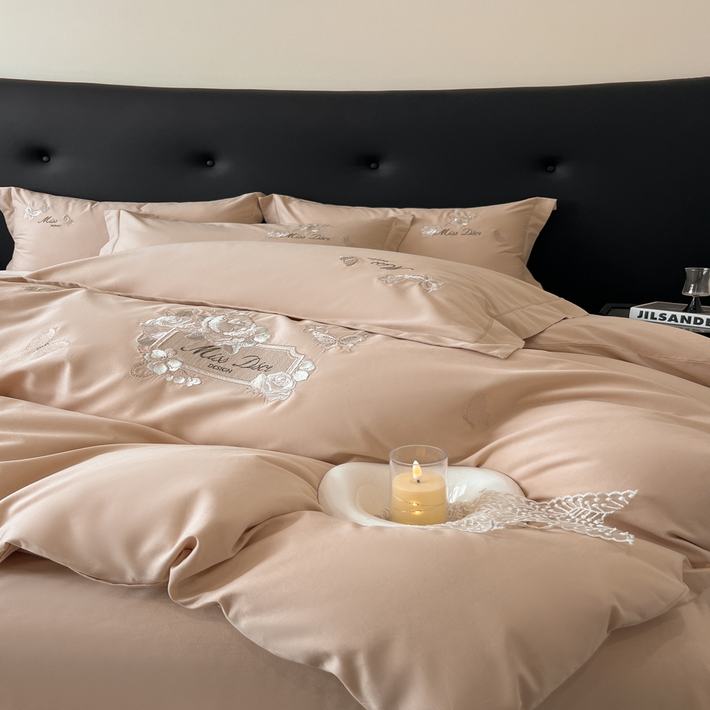 91家纺网 家纺一手货源 找家纺 禾时2025新款全棉磨毛刺绣四件套-香榭丽 藕荷色