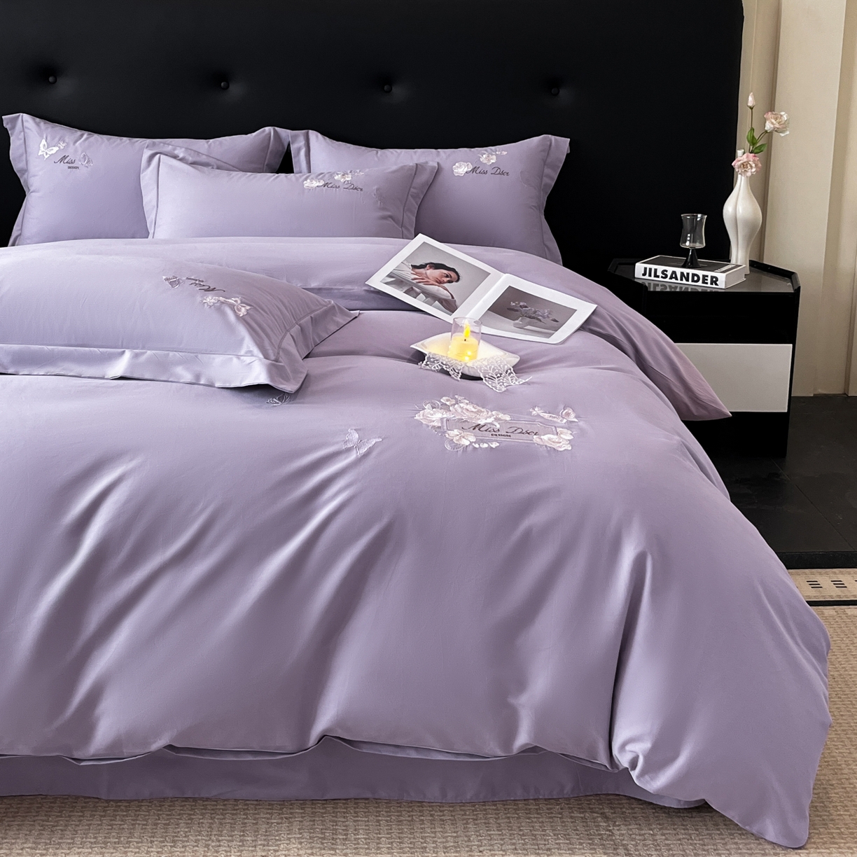 91家纺网 家纺一手货源 找家纺 禾时2025新款全棉磨毛刺绣四件套-香榭丽 雪青