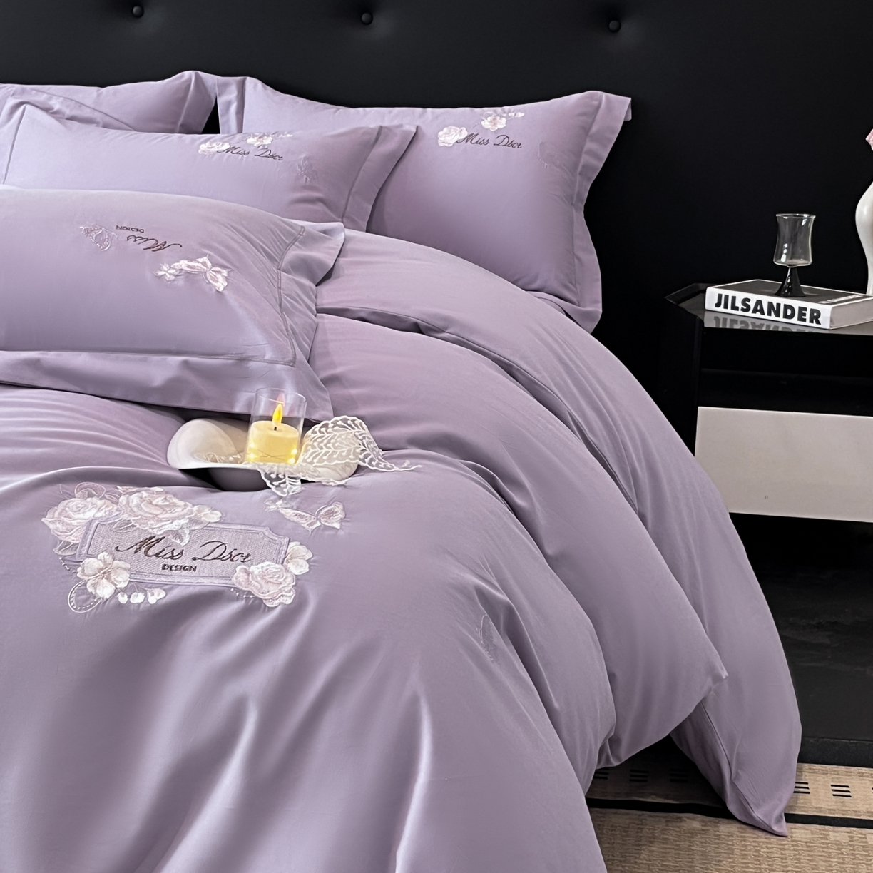 91家纺网 家纺一手货源 找家纺 禾时2025新款全棉磨毛刺绣四件套-香榭丽 雪青