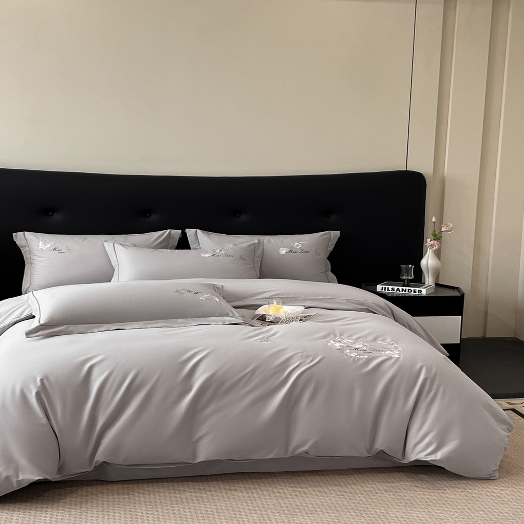 91家纺网 家纺一手货源 找家纺 禾时2025新款全棉磨毛刺绣四件套-香榭丽 银灰