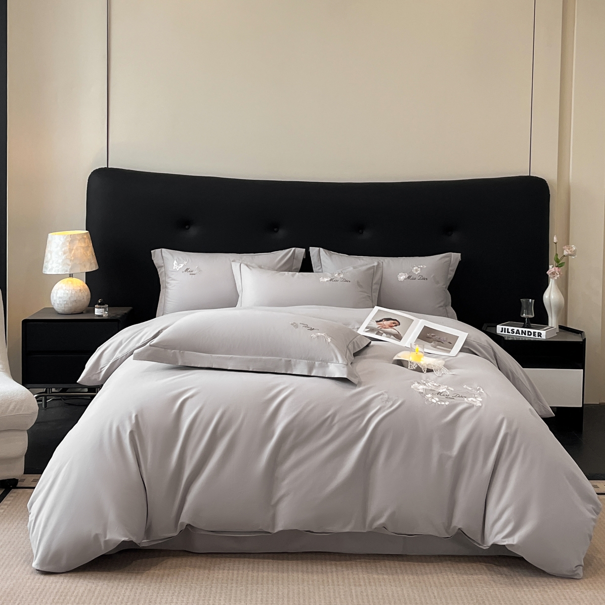 禾时2025新款全棉磨毛刺绣四件套-香榭丽 银灰