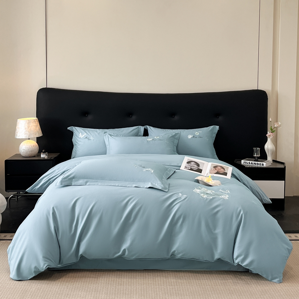 禾时2025新款全棉磨毛刺绣四件套-香榭丽 云水蓝