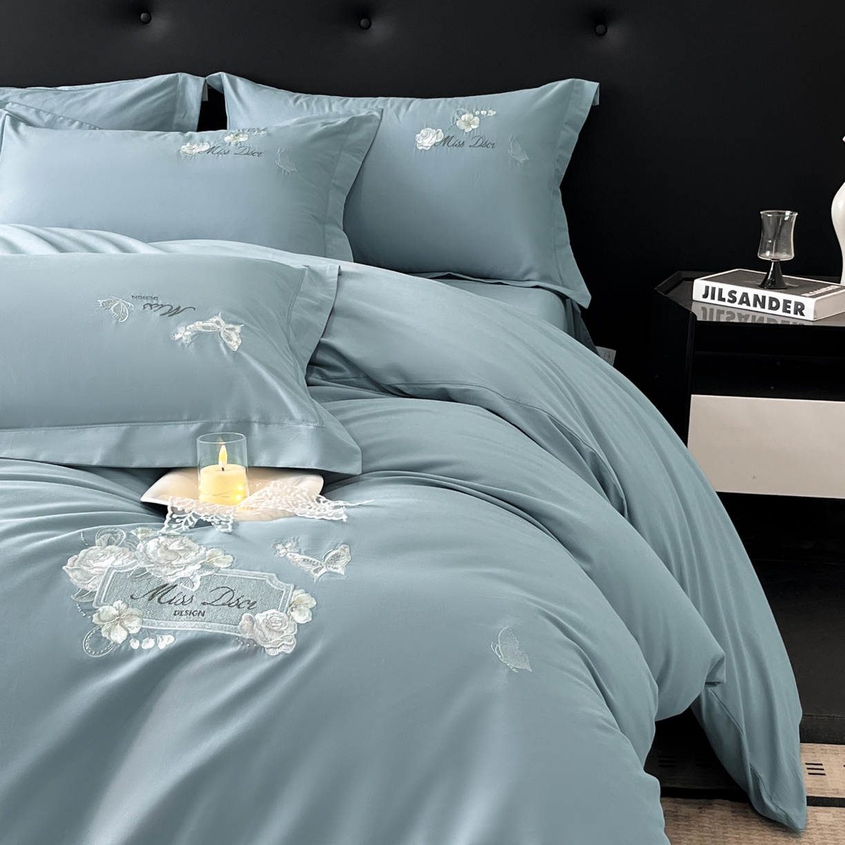 91家纺网 家纺一手货源 找家纺 禾时2025新款全棉磨毛刺绣四件套-香榭丽 云水蓝