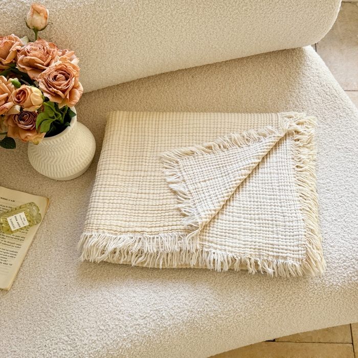 91家纺网 家纺一手货源 找家纺 丹本家纺 2025新款双层纱流苏全棉纯棉毯纯棉流苏款盖毯夏被夏凉被空调被 米色