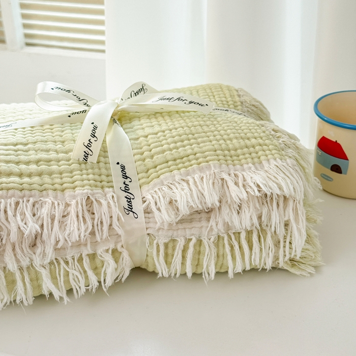 91家纺网 家纺一手货源 找家纺 丹本家纺 2025新款双层纱流苏全棉纯棉毯纯棉流苏款盖毯夏被夏凉被空调被 浅绿色