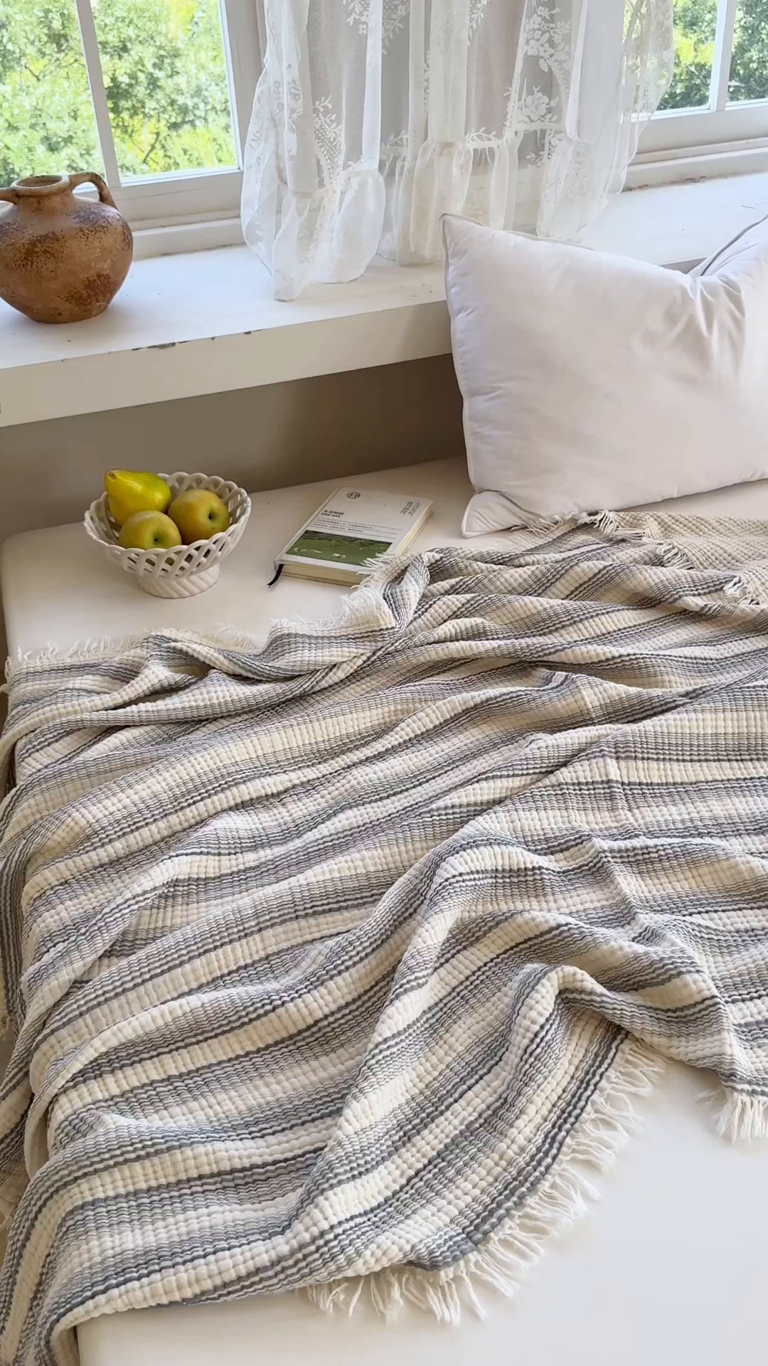 91家纺网 家纺一手货源 找家纺 丹本家纺 2025新款双层纱流苏全棉纯棉毯纯棉流苏款盖毯夏被夏凉被空调被 条纹蓝