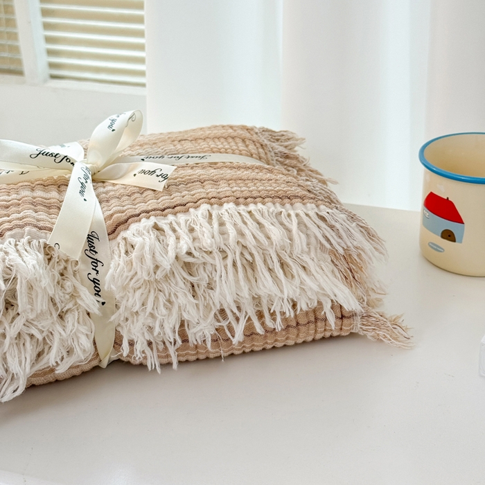 91家纺网 家纺一手货源 找家纺 丹本家纺 2025新款双层纱流苏全棉纯棉毯纯棉流苏款盖毯夏被夏凉被空调被 条纹驼