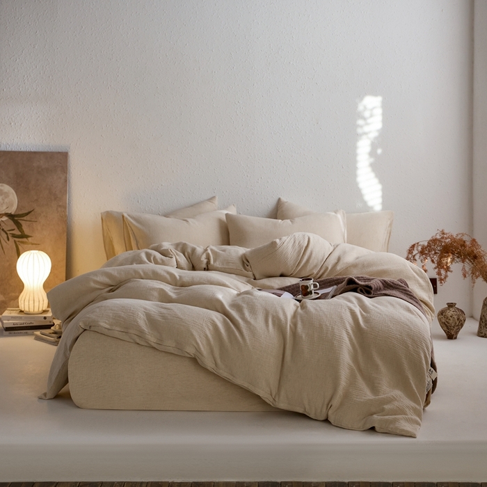 91家纺网 家纺一手货源 找家纺 （总）清雅福2025秋冬新品棉麻双层皱皱纱四件套系列