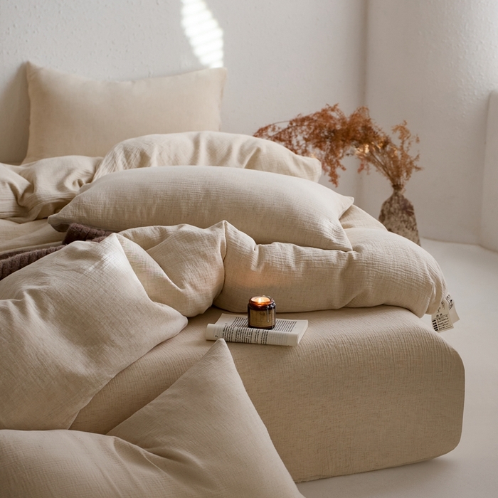 91家纺网 家纺一手货源 找家纺 （总）清雅福2025秋冬新品棉麻双层皱皱纱四件套系列