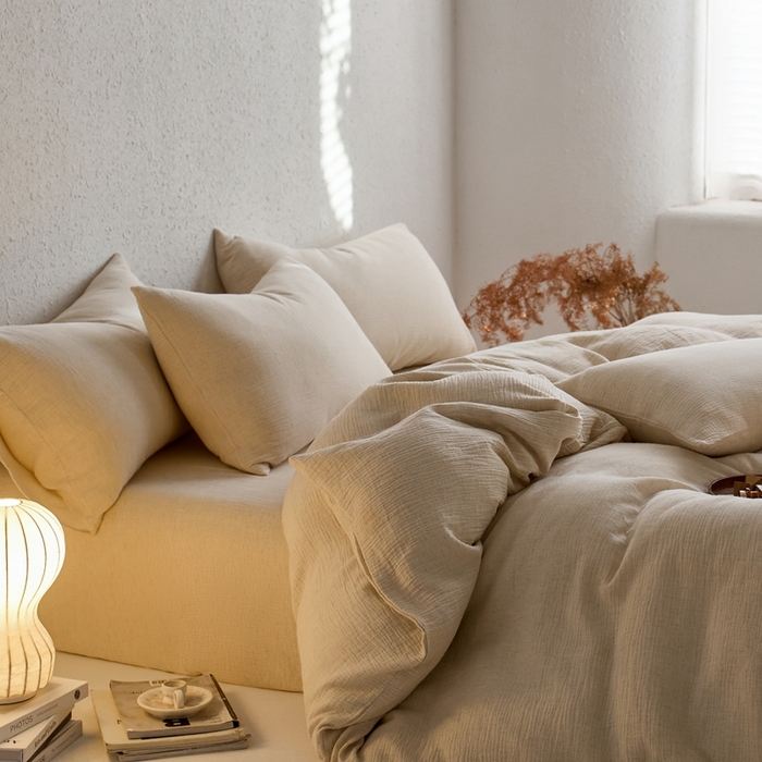 91家纺网 家纺一手货源 找家纺 （总）清雅福2025秋冬新品棉麻双层皱皱纱四件套系列