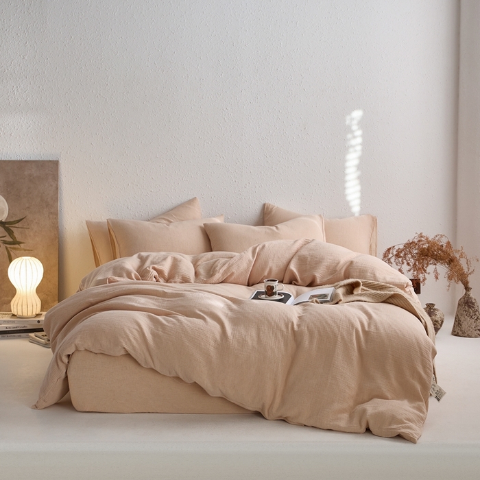 91家纺网 家纺一手货源 找家纺 清雅福2025秋冬新品棉麻双层皱皱纱四件套系列 藕荷粉