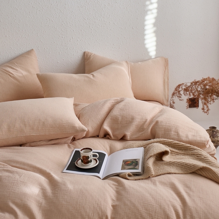 91家纺网 家纺一手货源 找家纺 清雅福2025秋冬新品棉麻双层皱皱纱四件套系列 藕荷粉