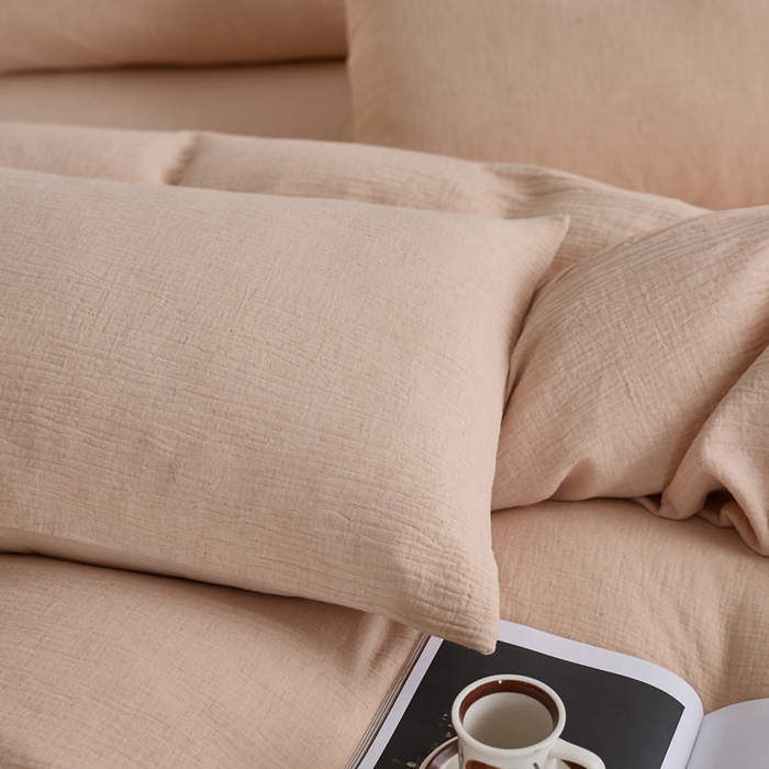 91家纺网 家纺一手货源 找家纺 清雅福2025秋冬新品棉麻双层皱皱纱四件套系列 藕荷粉