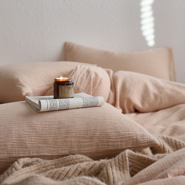 91家纺网 家纺一手货源 找家纺 清雅福2025秋冬新品棉麻双层皱皱纱四件套系列 藕荷粉