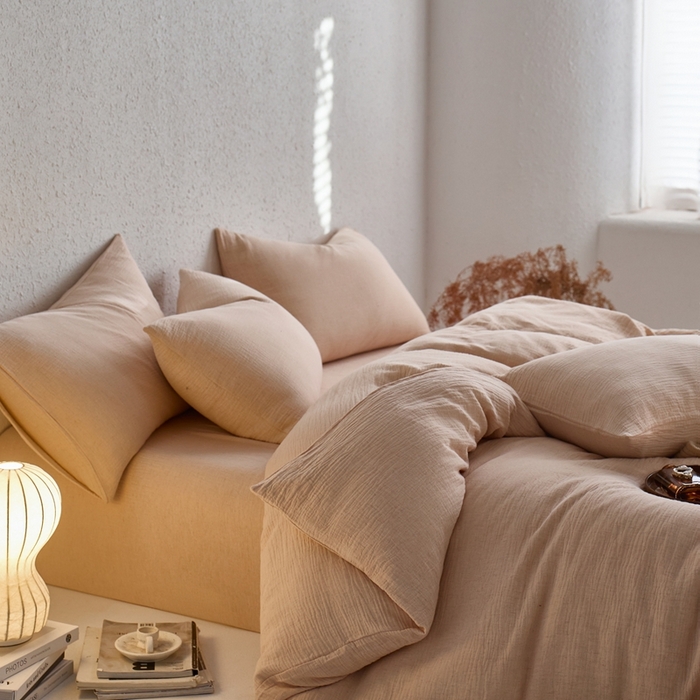 91家纺网 家纺一手货源 找家纺 清雅福2025秋冬新品棉麻双层皱皱纱四件套系列 藕荷粉