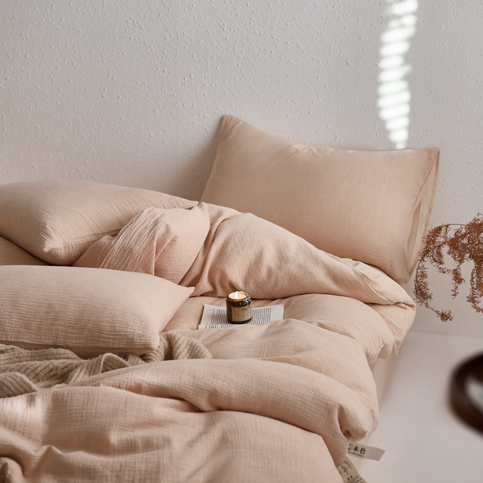 91家纺网 家纺一手货源 找家纺 清雅福2025秋冬新品棉麻双层皱皱纱四件套系列 藕荷粉