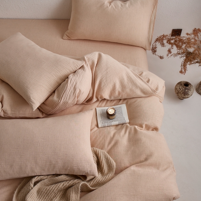 91家纺网 家纺一手货源 找家纺 清雅福2025秋冬新品棉麻双层皱皱纱四件套系列 藕荷粉