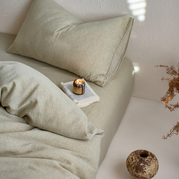 91家纺网 家纺一手货源 找家纺 清雅福2025秋冬新品棉麻双层皱皱纱四件套系列 微风沁绿